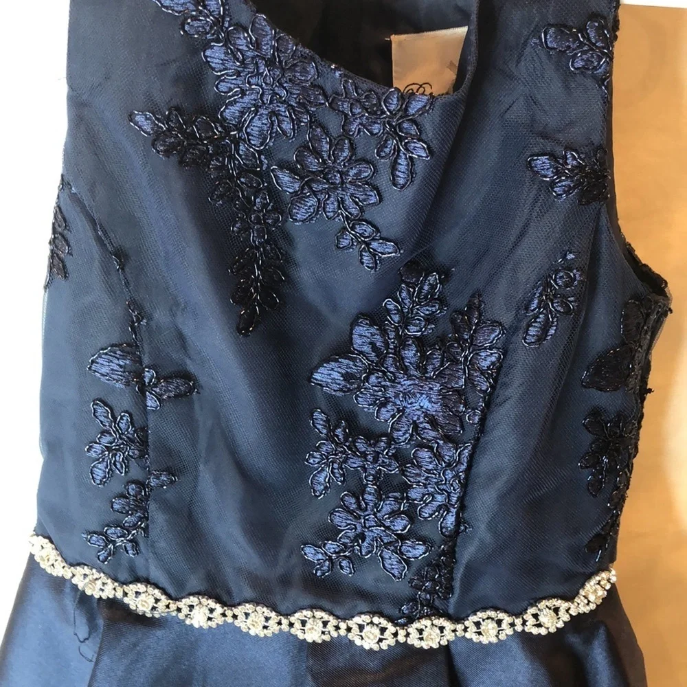 RARE EDITIONS Elegant Navy Dress with Embellishments & Floral Embroidery Girl 7